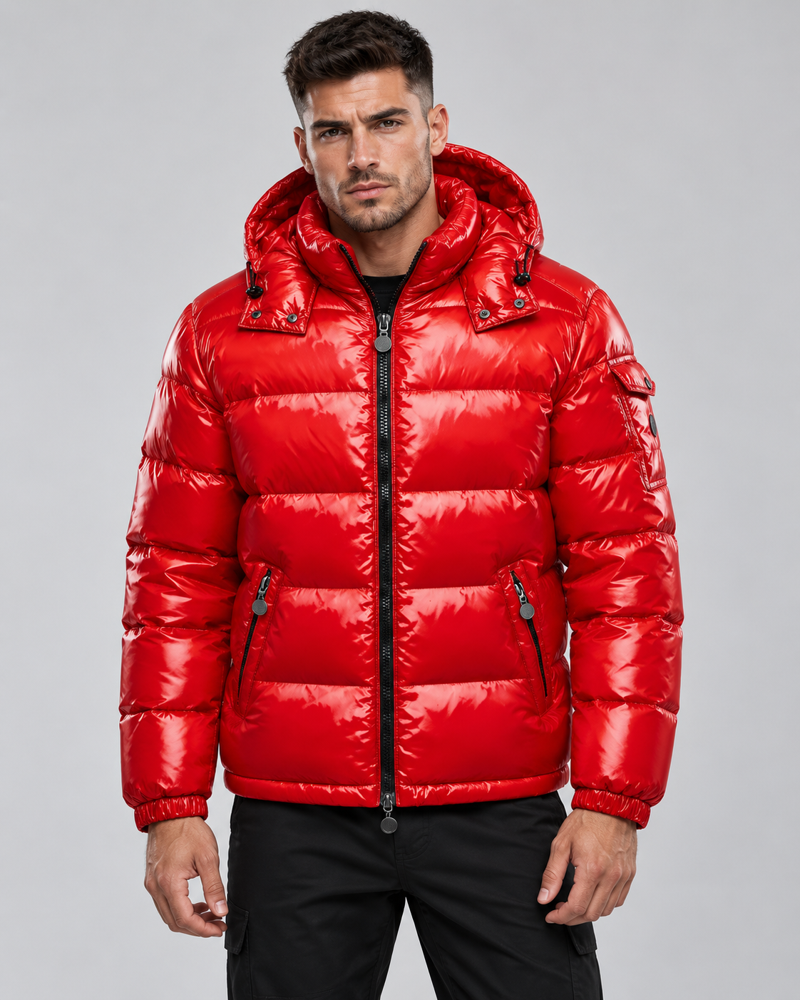 Men's Quilted Puffer Jacket with Zip-Up and Hooded - front view