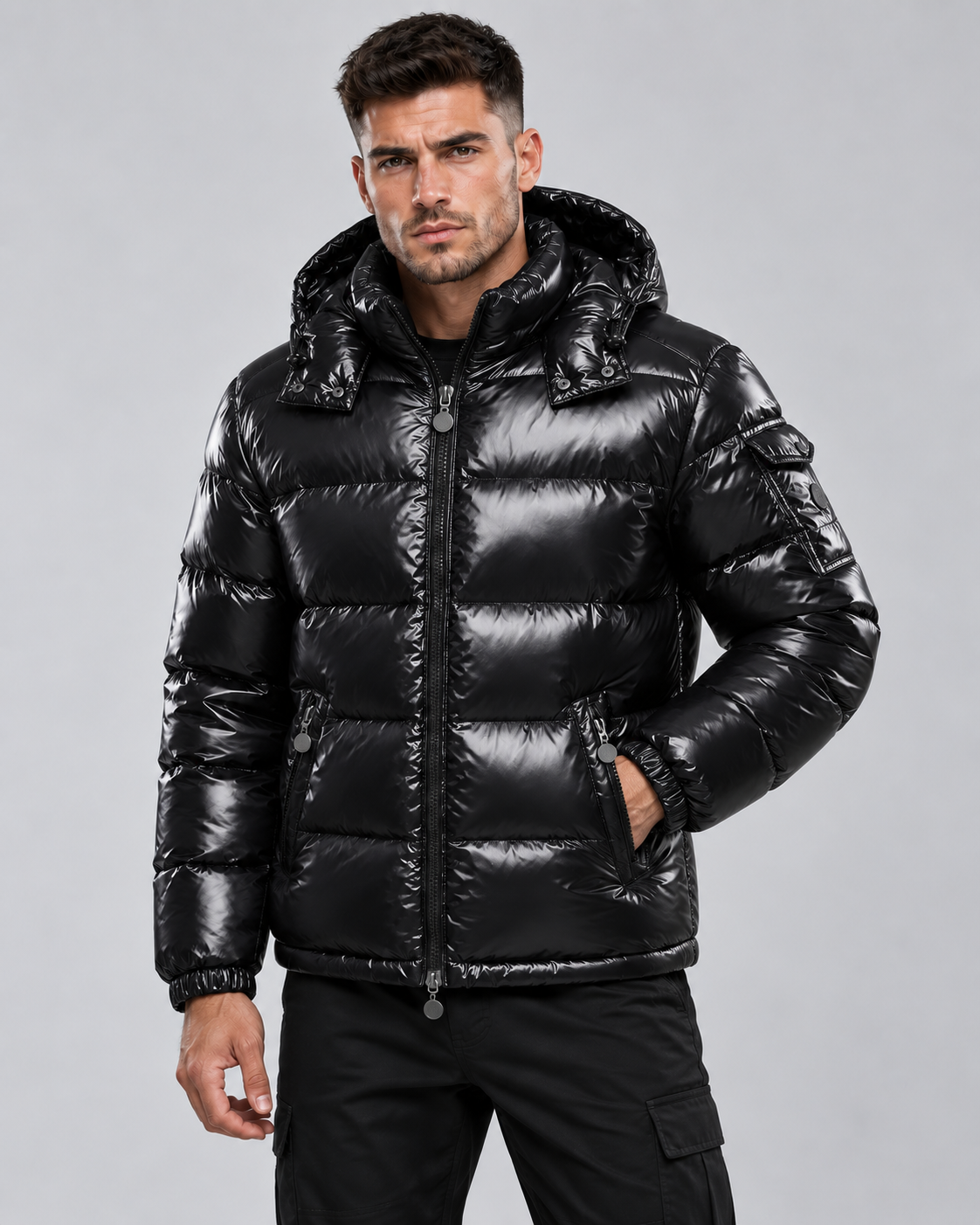 Men's Quilted Puffer Jacket with Zip-Up and Hooded - view 7