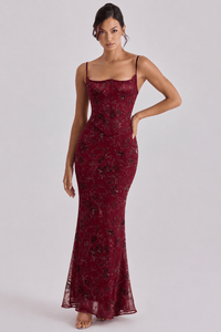Esvelienne | Maxi Dress Embellished Corset Lace-Up Tulle Maxi