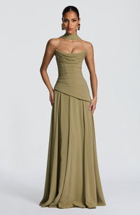 Orlienne | Maxi Dress Halter Ruched Cowl Draped A-Line Satin