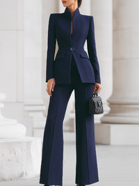 Women's High Neck Blazer and Wide Leg Trousers Suit Set