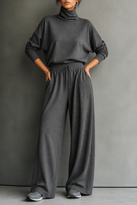Women's Turtleneck Top and Wide Leg Trousers Set, Knit Lounge Co Ord
