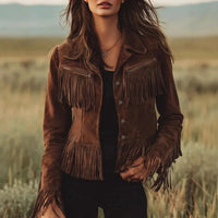 Women's Suede Fringe Jacket with Button Front