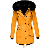 Women's Longline Hooded Coat with Fur Trim and Drawstring Waist