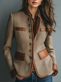 Women's Herringbone Tweed Blazer with Leather Trim, Button Front